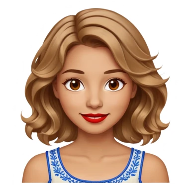 Enthusiastic woman with healthy glowing skin, round cheeks, warm smile, expressive light brown eyes, red lipstick, wavy dark blonde shoulder-length hair with highlights, summery white top with blue embroidery and electric blue neckline sticker