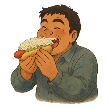 ghibli style of a Chilean person happily eating a completo hot dog sticker