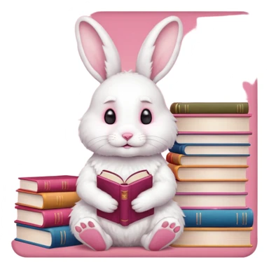 White rabbit sitting on 4 legs next to a stack of books consisting of 3 books sticker