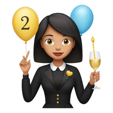 Emoji-style illustration of a funny woman in black funeral outfit holding a prosecco glass, balloon with number 29, ironic birthday funeral theme, playful expression, flat emoji design, pastel tones, high resolution sticker