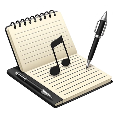 Minimalistic flat vector icon, iOS style, thin black contour on white background. Small notebook with a musical note on the cover, a pen placed next to it. Clean, modern, no text, no shadows. sticker