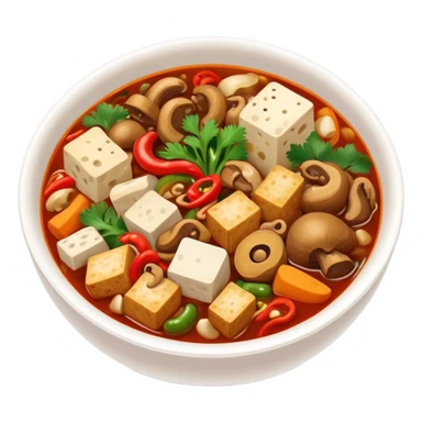 Chengdu Maocai spicy assorted ingredients in bowl, simplified emoji style with bold outlines and bright colors, cartoon style Sichuan street stew sticker