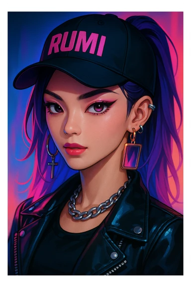 Rumi from Kpop Demon Hunters, close-up portrait, confident expression, stylish accessories, neon lighting, anime-inspired style sticker