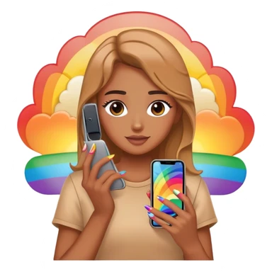 A person holding a phone with a sunset, phone, cover and with rainbow nails sticker