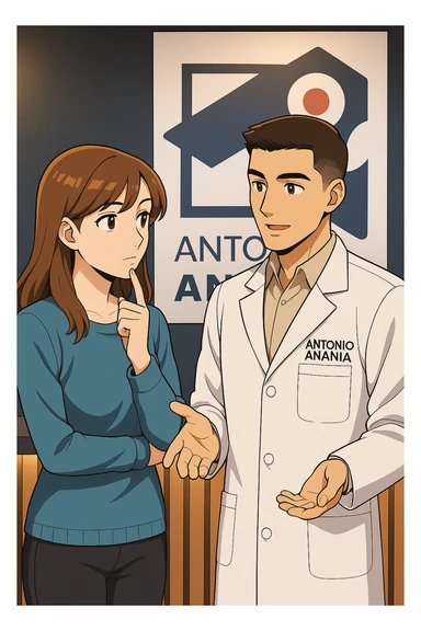 su questo stile fai un manga/webtoon a colori in cui una donna SI TOCCA IL MENTO CON L'INDICE MENTRE ASCOLTA PENSIEROSA L'UOMO, l'uomo della foto in stile manga LE SPIEGA CHE DEVE PROVARE LA SUA VALUTAZIONE MEDICA, mantieni un ambiente simile alla foto che ho allegato con il suo logo (sarebbe il suo studio, lui è un kinesiologo), scrivigli "ANTONIO ANANIA" sul camice bianco, non mettere fumetti, ma fai in modo che sembri che la donna ASCOLTI l'uomo sticker