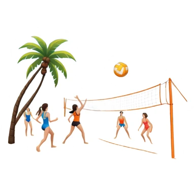 The scene captures a sunny sea beach atmosphere with clear blue sea and sky, palm trees swaying, and people in swimsuits enjoying the vibrant surroundings. A volleyball resting on the orange sand ground of a beach, with a volleyball net in the background.  sticker