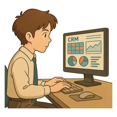 ghibli style office worker with brown hair, focused on CRM dashboard on screen sticker
