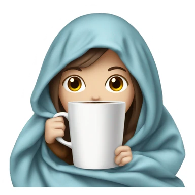 White girl with brown hair and blue eyes inside a blanket sipping coffee sticker