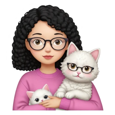 a girl with a black perm hair, wearing a pink sweater and glasses, holding a cute white cat, only upper body sticker