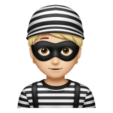 Realistic ios emoji-style portrait of a classic burglar, a black eye mask and a black-and-white striped shirt. Highly detailed, natural skin texture, soft cinematic lighting, realistic shadows, smooth gradients, clean outline, glossy reflections in the eyes. emoji-like hair, burglar’s hat  sticker