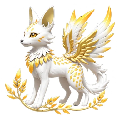 Epic complex fantasy glorious detailed futuristic divine godly angelic feathery sunny, white, albino, pastel, golden, orange glowing sparkly, realistic Fakémon-Sprigatito-Floragato-Meowscarada-Trico-Sergal-Serval-Solgaleo-Vernid-creature (full body) solarpunk, shiny sparkly with a gold laurel sticker