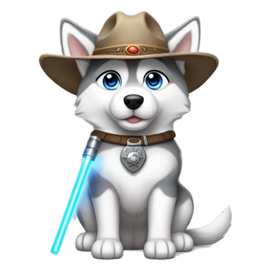 Gray Siberian Husky with blue eyes puppy wearing a cowboy hat dressed in Jedi clothing holding a lightsaber  sticker