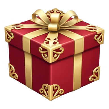 Create a highly polished, 3D game UI–style gift box with a luxurious red and gold theme. gift box ,The square box features deep crimson-red panels with ornate gold metallic trim and filigree details along the edges.  sticker