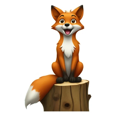 A singing fox sitting on a tree stump raising one paw sticker