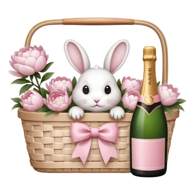 A white Picnic basket with light pink bow, white peonies, a white rabbit and one pink champage bottle inside sticker