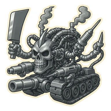 Edit the skull robot tank to have 4 distinct arms, each hand holding a different weapon: a large industrial blade (not a sword), a blaster, a menacing syringe, and a claw. All exterior metal is shiny silver grey, inner parts are dark grey, with no blue or orange tints anywhere. Weapons and sharp claws are forward, ready to attack. Maintain retro stickers style, clean outline, compact proportions, and transparent background. sticker