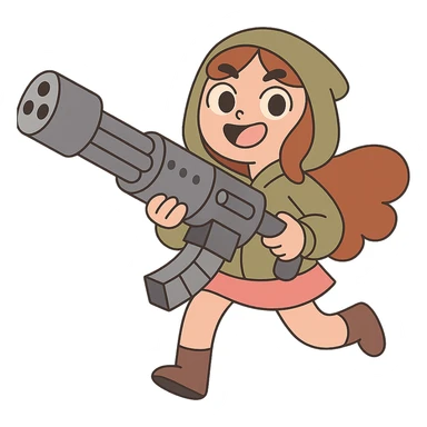 cheerful stalker girl with a massive machine gun, cute and exaggerated sticker