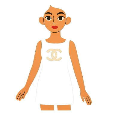 light skin girl with very long black curly hair, brown eyes, black Chanel dress sticker