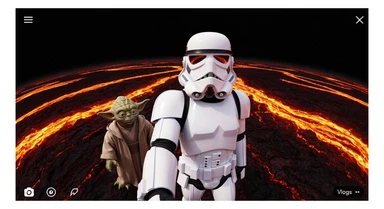 selfie camera, Starwars stormtroopers vlogging , he is walking on lava planet with yoda sticker