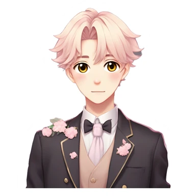 Gorgeous romantic hot attractive anime style modern gentlemanly anime shojo guy with pretty hair and flower petals and blushing face aesthetic trending style  pastelcore cottagecore kawaiicore sticker