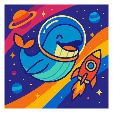Add a playful, colorful rocket ship flying near the whale with a space helmet, maintaining the vibrant style. sticker
