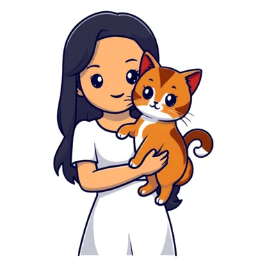 beautiful girl with long black hair wearing a white dress holding an Abyssinian cat with reddish-brown fur in her arms sticker