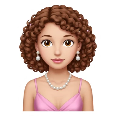 A woman with a brown curly hair and beautiful brown eyes and white skin and pink dress with pearl jewelry sticker