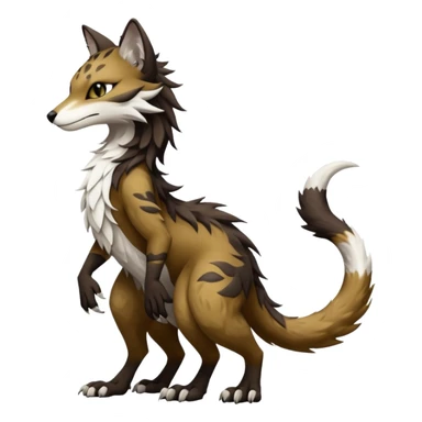 Brown and black and white fantasy feline-vernid-sergal-fursona animal creature with a tufted tail full body with intricate markings  sticker