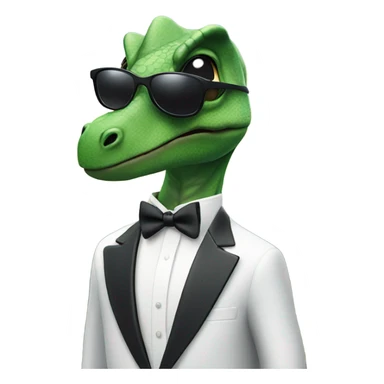 Dinosaur wearing a tuxedo and black aviators with a mountain scape in the background  sticker