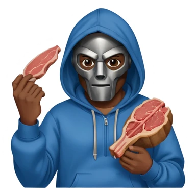 MF DOOM in a blue hoodie holding a piece of meat sticker