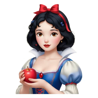 Cinematic Realistic Snow White Portrait, depicted with lifelike skin texture, soft natural lighting, and intricately detailed black hair styled with a red ribbon. Her soft brown eyes radiate innocence and kindness, complemented by a warm, gentle smile. She holds an apple in one hand, her other hand resting against her cheek, embodying her purity and charm. She is dressed in her classic yellow, blue, and red gown, the fabric rich in texture with delicate folds that catch the light beautifully. The portrait features a soft, natural glow with a radiant finish, capturing the essence of timeless beauty in a realistic and painterly style. sticker