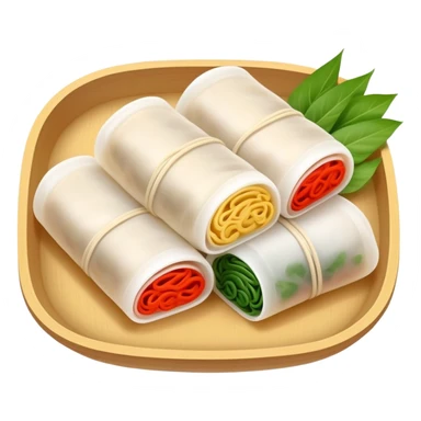 Hangzhou Pian Er Chuan thin rice noodle rolls with fillings, simplified emoji style with bold outlines and bright colors, cartoon style Zhejiang specialty resembling Cheung Fun sticker