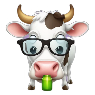 cartoon style cow with glasses drinking beear from bottle sticker