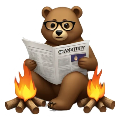 Bear sitting by a campfire wearing glasses reading a newspaper sticker