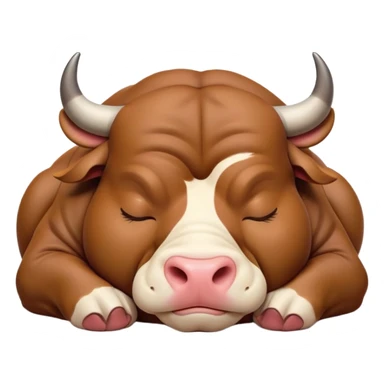 meme-worthy-cute-sleeping-domestic-bull-portrait-emoji,-head-resting-peacefully-with-a-contented-smile,-showcasing-a-robust,-muscular-build-and-a-luxuriously-soft-coat,-eyes-gently-closed-in-serene,-restful-slumber,-simplified,-solid-brown sticker