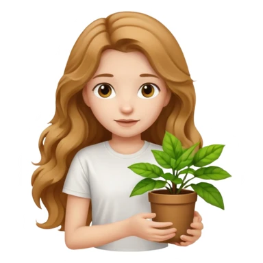 Girl with long light brown very wavy hair and white t-shirt with plant on hand sticker