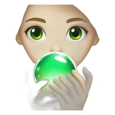 white girl with green eyes, holding white a crystal ball sticker