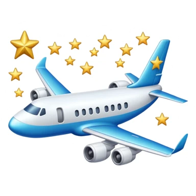 a plane flying above clouds and below stars, 2d emoji style sticker