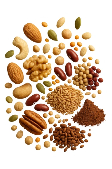 semi, frutta secca, legumi, cereali integrali, cacao amaro fluttuano in aria , iperrealistici 4k sticker