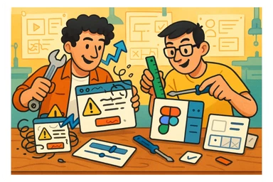 Two designers in a creative repair lab, one with curly hair and one with short dark hair, focused and playful, working together to fix messy old UI components. They use tools like a wrench, ruler, and Figma interface elements. The scene is part chaotic, part clever, showing them transforming legacy UI into something clean and beautiful. sticker