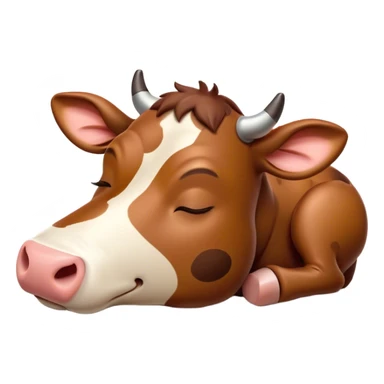Meme-Worthy Cute Sleeping Brown Cow Portrait Emoji, Head resting peacefully with a contented smile, showcasing a robust build and a luxuriously soft deep brown hide, eyes shut in a serene, restful nap, Simplified yet hilariously adorable features, highly detailed, glowing with a soft, drowsy light, high shine, relaxed and utterly lovable, stylized with an air of playful laziness, bright and heartwarming, soft glowing outline, capturing the essence of a comically sleepy cow, so meme-worthy it feels like it could instantly become the next viral sensation of adorable slumber! sticker