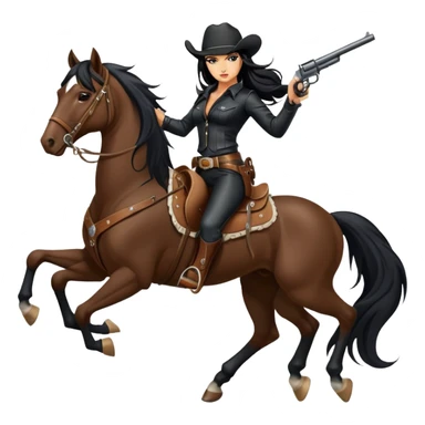 badass confident hot tanned woman with long black hair cowgirl style wearing black leather outfit with gun riding horse in action pose sticker