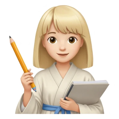 young very happy artist with straight blonde hair and bangs, with pencil and paper and casual robe sticker