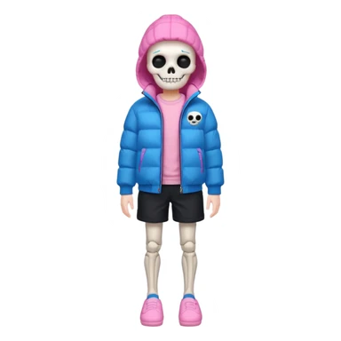 A skeleton with a white shirt blue puffer black shorts and pink slippers sticker