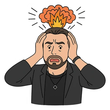 Используя такую стилистику как на картинках сгенерируй героя с фотографии, который в панике держится за голову, будто у него взрывается мозг, но лицо не должно быть агрессивным, прозрачный фон sticker