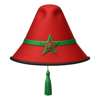 Red Moroccan fez hat with a flat top, straight sides, a green five-pointed star on the front, and a thin black tassel hanging from the right side. sticker