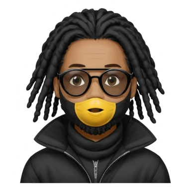 African American man with shoulder length black dreadlocks with black beard  wearing black sunglasses wearing a black bubble winter coatwearing a covid mask covering mouth and nose sticker