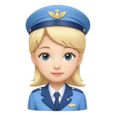 Cute emoji-style Japanese flight attendant, blonde hair, pastel blue airline uniform, kawaii cartoon style, big eyes, simple clean lineart, pastel colors, chibi proportions, friendly smile, sticker/emoji, transparent background sticker