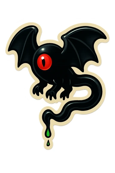 an all black reptilian bat-like creature. One cyclopian red eye in its face. no visible mouth or ears. 2 hind legs with claws. has a long tale with a stinger that drips green poison. no ears. no horns sticker