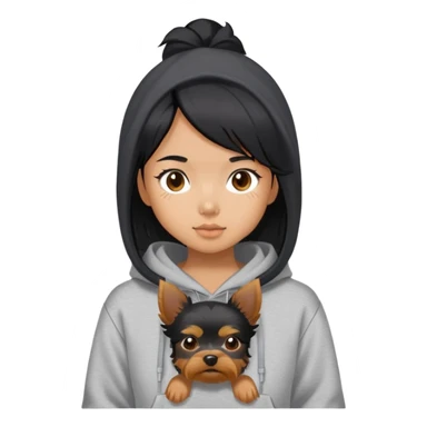 a black-haired asian girl wearing a grey hoodie with a yorkie  sticker